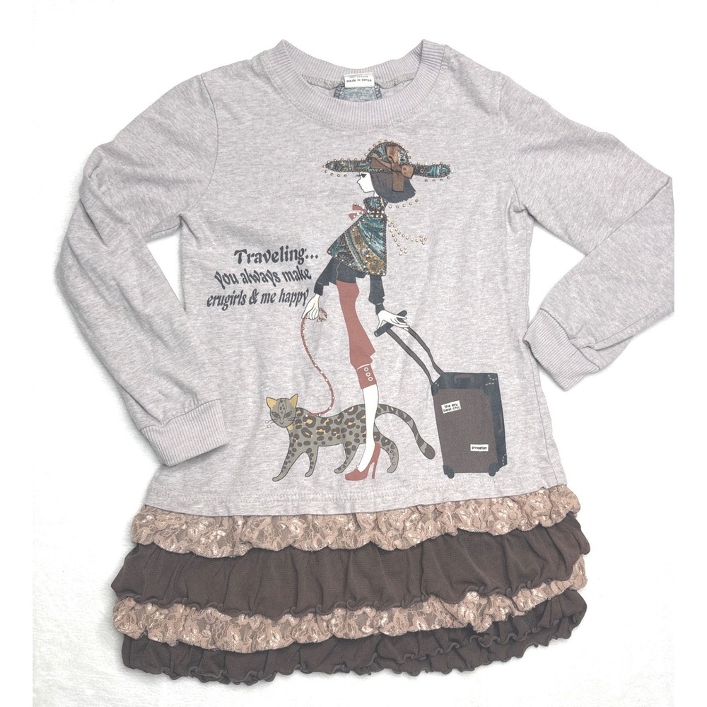 Eru Girls Tunic Dress Size 9 Gray Brown Ruffle Lace Traveler Graphic Paisley